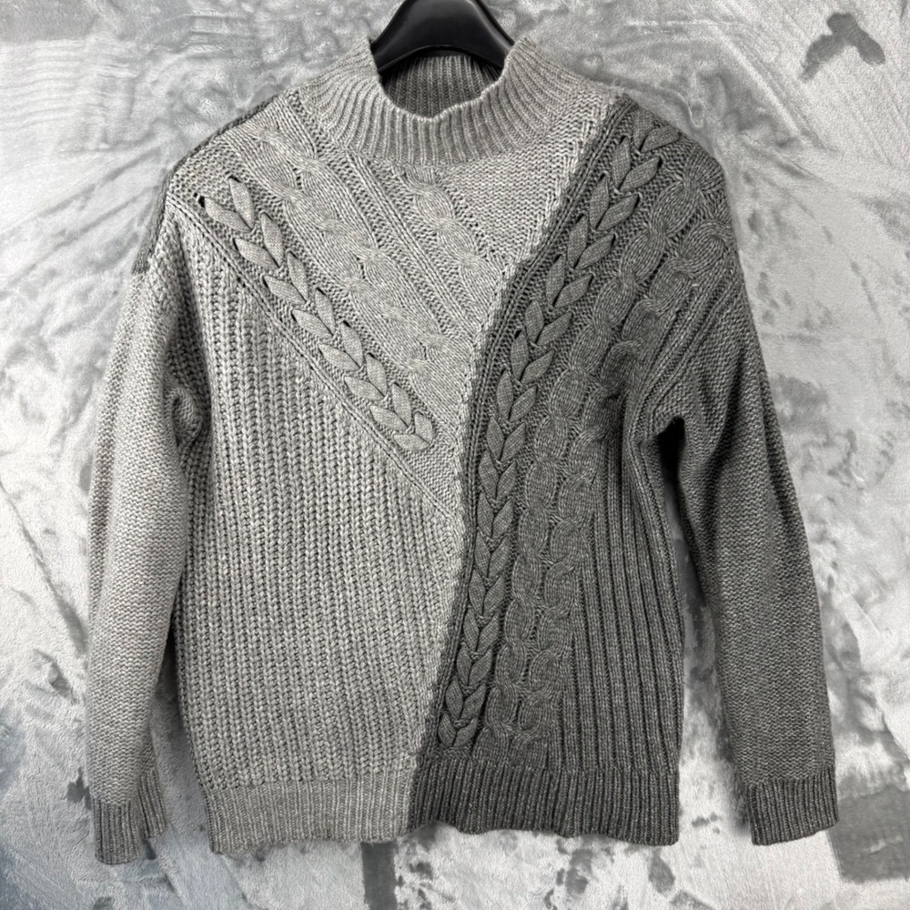 Simply Vera Vera Wang Grey Colorblock Cable Knit Mock Neck Sweater Womens Medium